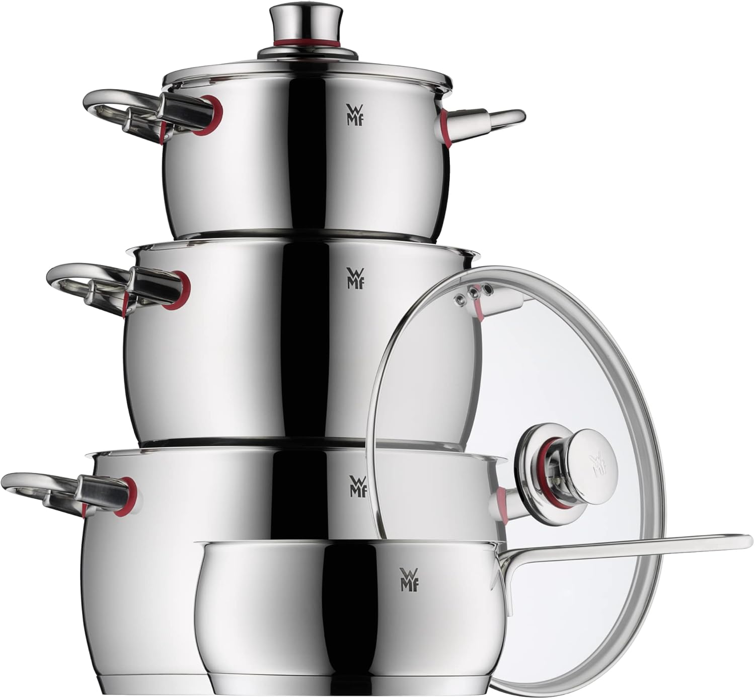 WMF Quaity One - Batería de Cocina 4 Piezas, Acero Inoxidable Apto para Inducción, 3 Cacerolas Altas de 16 cm, 20 cm y 24 cm, 1 Cazo 16 cm con 3 Tapas de Cristal