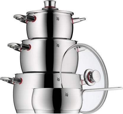 WMF Quaity One - Batería de Cocina 4 Piezas, Acero Inoxidable Apto para Inducción, 3 Cacerolas Altas de 16 cm, 20 cm y 24 cm, 1 Cazo 16 cm con 3 Tapas de Cristal