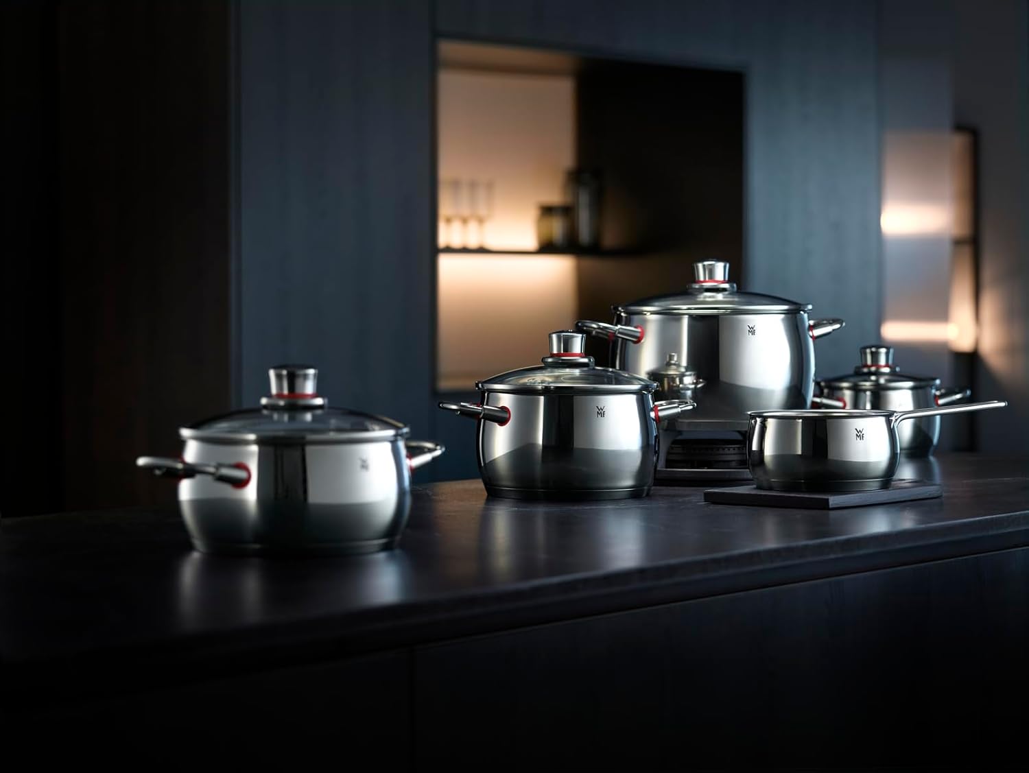 WMF Quaity One - Batería de Cocina 4 Piezas, Acero Inoxidable Apto para Inducción, 3 Cacerolas Altas de 16 cm, 20 cm y 24 cm, 1 Cazo 16 cm con 3 Tapas de Cristal
