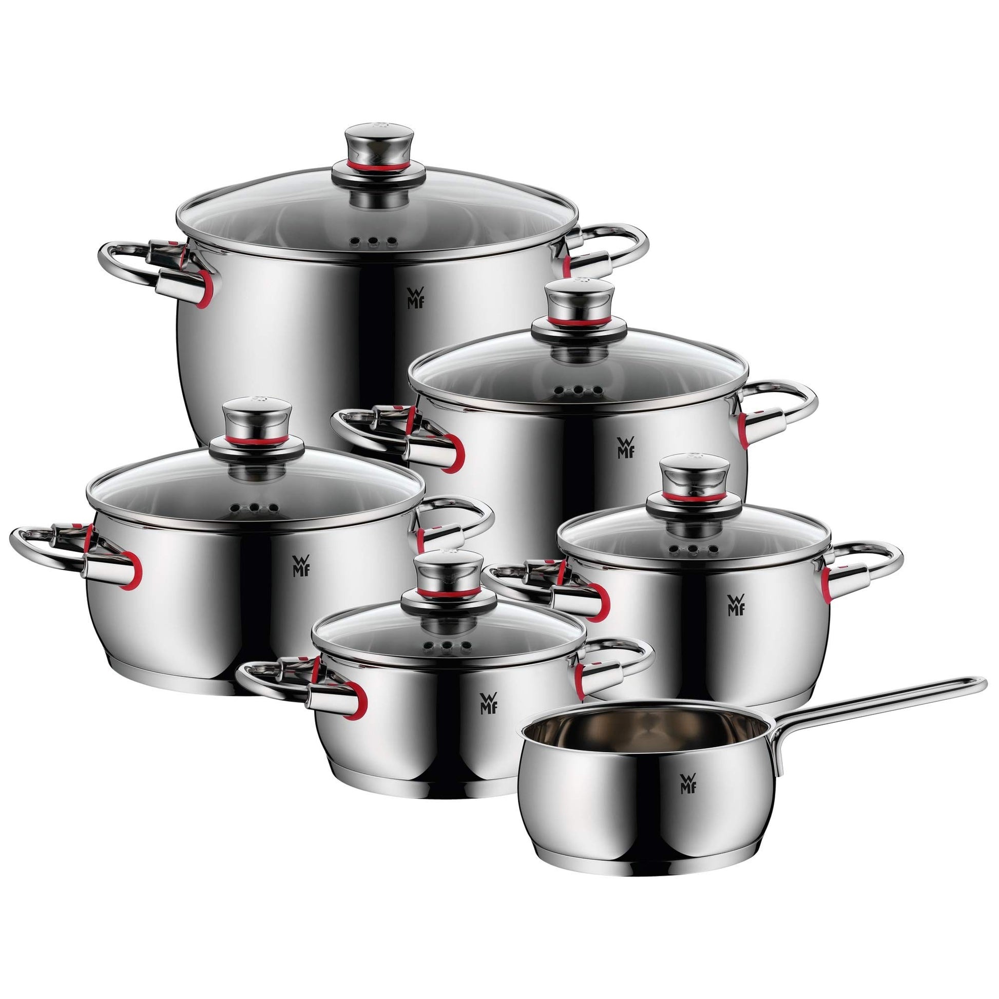 WMF Quaity One - Batería de Cocina 4 Piezas, Acero Inoxidable Apto para Inducción, 3 Cacerolas Altas de 16 cm, 20 cm y 24 cm, 1 Cazo 16 cm con 3 Tapas de Cristal