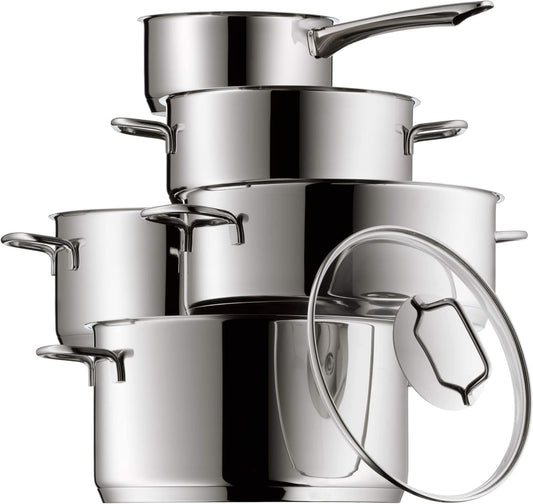 WMF Astoria Batería de Cocina (5 Piezas), Cristal, Acero Inoxidable Cromargan, Apta para Todo Tipo de cocinas Incluso inducción