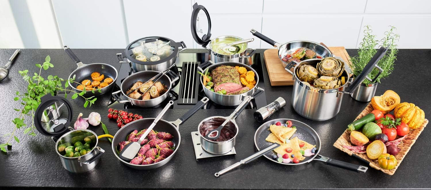RÖSLE SILENCE PRO Batería de Cocina de 4 piezas, Juego de Ollas Universal con 3 Ollas y 1 Cacerola, Acero Inoxidable 18/10, Tapa de Cristal Apto para Inducción y Lavavajillas