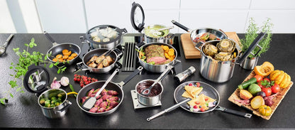 RÖSLE SILENCE PRO Batería de Cocina de 4 piezas, Juego de Ollas Universal con 3 Ollas y 1 Cacerola, Acero Inoxidable 18/10, Tapa de Cristal Apto para Inducción y Lavavajillas