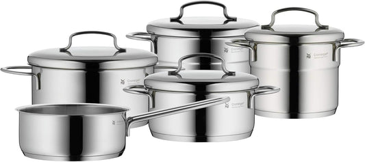 WMF Mini - Batería de Cocina 5 Piezas, Acero Inoxidable Apto para Inducción, 2 Cacerola Baja de 12 cm y 14 cm, 2 Cacerolas Altas de 14 cm y 16 cm , 1 Cazo 14 cm con 4 Tapas de Acero, Apilables