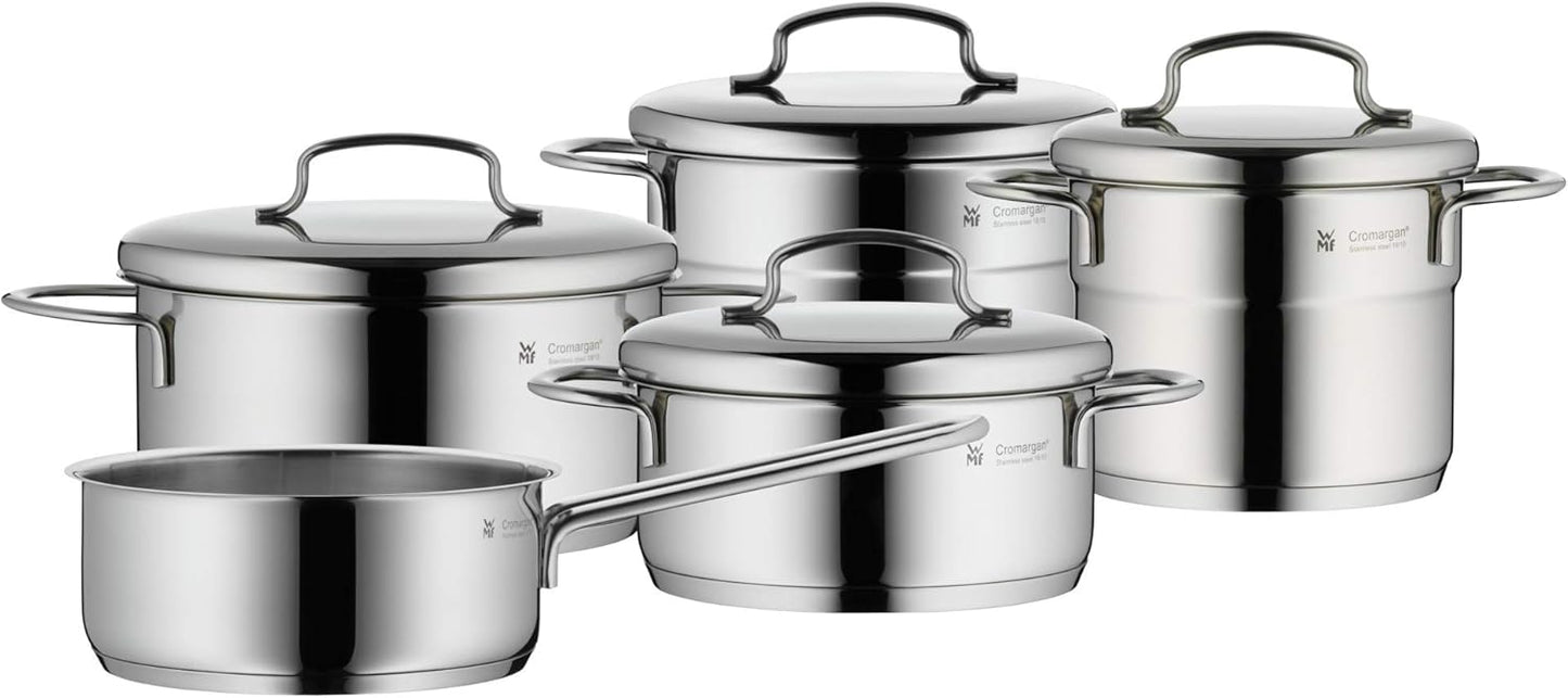WMF Mini - Batería de Cocina 5 Piezas, Acero Inoxidable Apto para Inducción, 2 Cacerola Baja de 12 cm y 14 cm, 2 Cacerolas Altas de 14 cm y 16 cm , 1 Cazo 14 cm con 4 Tapas de Acero, Apilables