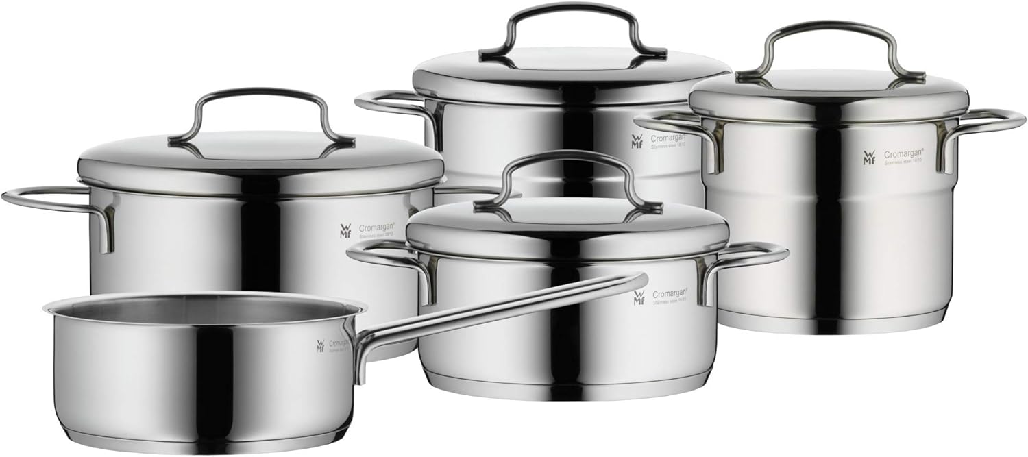 WMF Mini - Batería de Cocina 5 Piezas, Acero Inoxidable Apto para Inducción, 2 Cacerola Baja de 12 cm y 14 cm, 2 Cacerolas Altas de 14 cm y 16 cm , 1 Cazo 14 cm con 4 Tapas de Acero, Apilables