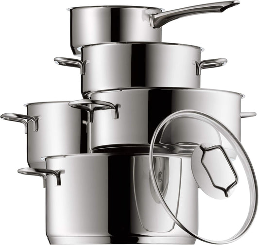 WMF Astoria Batería de Cocina (5 Piezas), Cristal, Acero Inoxidable Cromargan, Apta para Todo Tipo de cocinas Incluso inducción