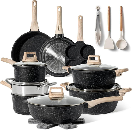 Just Perfecto Juego de Ollas y Sartenes Cocina Antiadherentes 21 Piezas, Batería de Cocina Antiadherentes Aluminio, para Todas las Cocinas, Incluso Inducción, Ollas Cocina con Tapas (21 Pcs Black)
