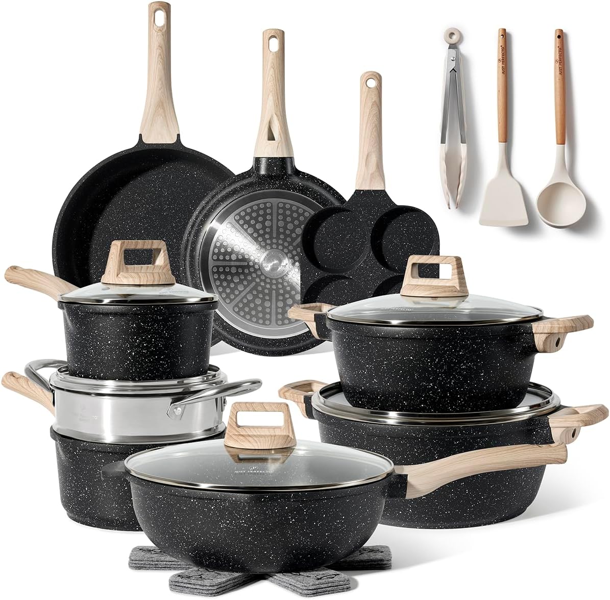 Just Perfecto Juego de Ollas y Sartenes Cocina Antiadherentes 21 Piezas, Batería de Cocina Antiadherentes Aluminio, para Todas las Cocinas, Incluso Inducción, Ollas Cocina con Tapas (21 Pcs Black)