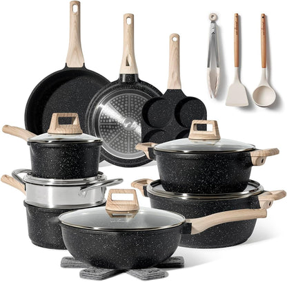 Just Perfecto Juego de Ollas y Sartenes Cocina Antiadherentes 21 Piezas, Batería de Cocina Antiadherentes Aluminio, para Todas las Cocinas, Incluso Inducción, Ollas Cocina con Tapas (21 Pcs Black)