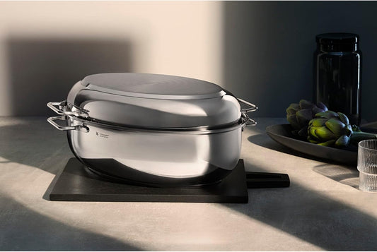 WMF asadera con tapa, apta para horno, asadera de inducción de 8,5 litros, acero inoxidable Cromargan, tapa de inducción, 41 x 28,5 x 18 cm