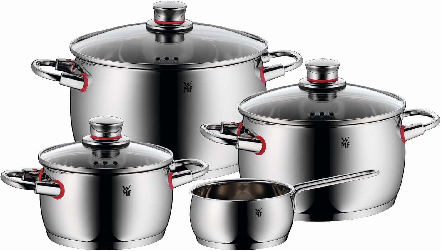 WMF Quaity One - Batería de Cocina 4 Piezas, Acero Inoxidable Apto para Inducción, 3 Cacerolas Altas de 16 cm, 20 cm y 24 cm, 1 Cazo 16 cm con 3 Tapas de Cristal