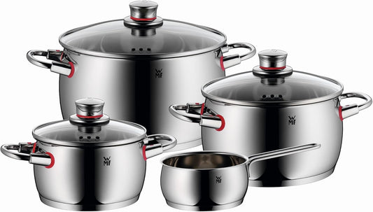 WMF Quaity One - Batería de Cocina 4 Piezas, Acero Inoxidable Apto para Inducción, 3 Cacerolas Altas de 16 cm, 20 cm y 24 cm, 1 Cazo 16 cm con 3 Tapas de Cristal