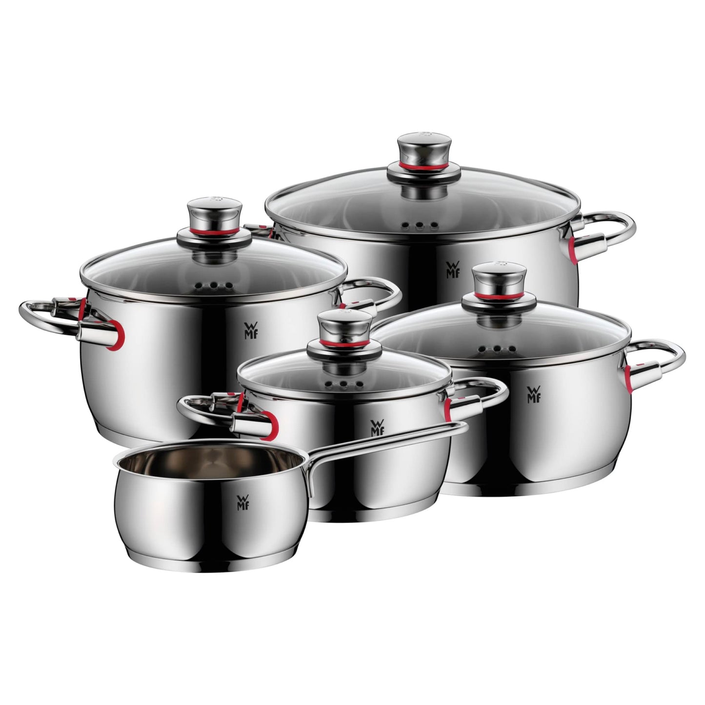 WMF Quaity One - Batería de Cocina 4 Piezas, Acero Inoxidable Apto para Inducción, 3 Cacerolas Altas de 16 cm, 20 cm y 24 cm, 1 Cazo 16 cm con 3 Tapas de Cristal