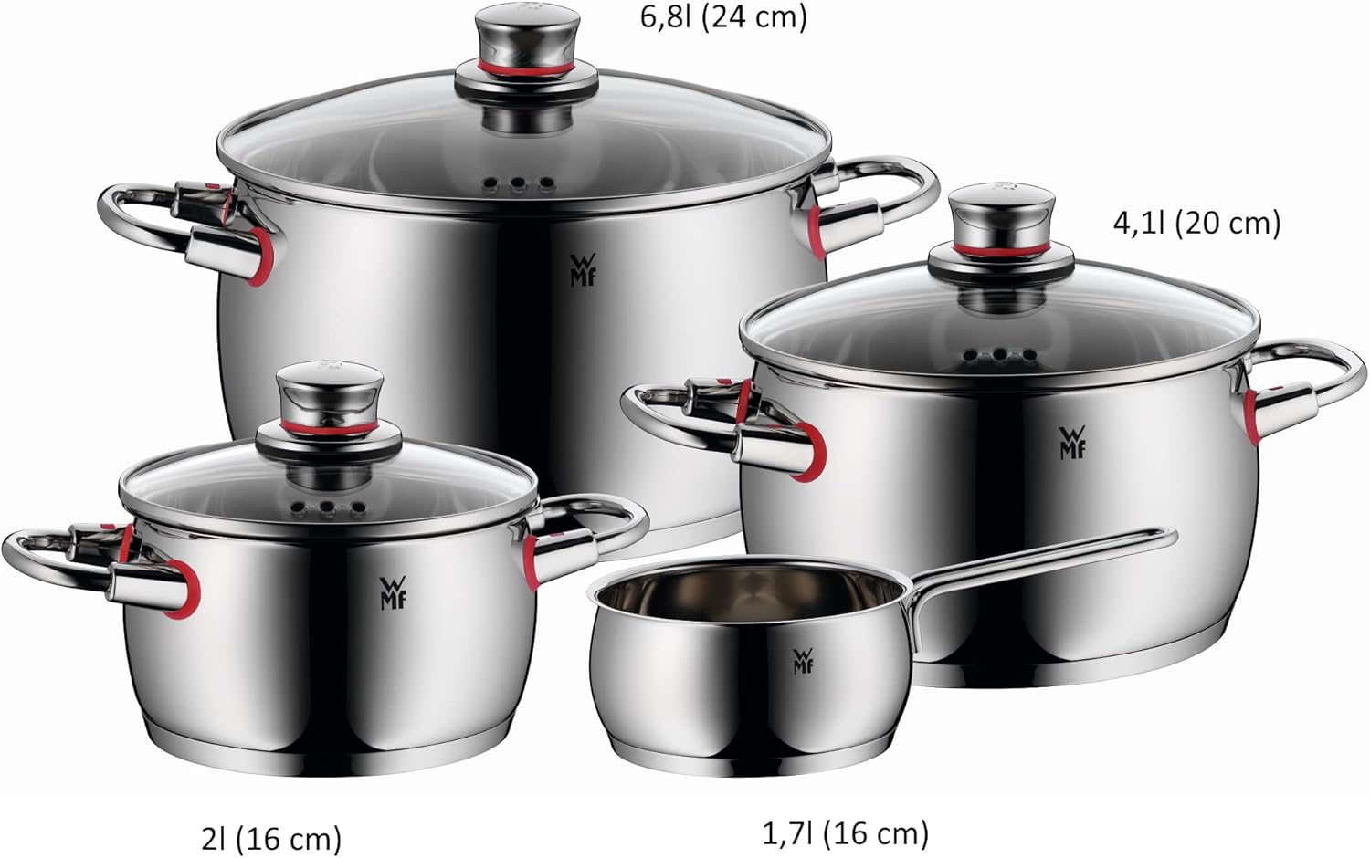 WMF Quaity One - Batería de Cocina 4 Piezas, Acero Inoxidable Apto para Inducción, 3 Cacerolas Altas de 16 cm, 20 cm y 24 cm, 1 Cazo 16 cm con 3 Tapas de Cristal