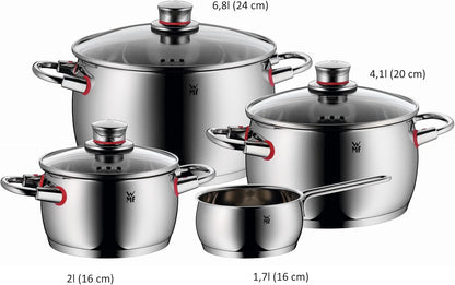 WMF Quaity One - Batería de Cocina 4 Piezas, Acero Inoxidable Apto para Inducción, 3 Cacerolas Altas de 16 cm, 20 cm y 24 cm, 1 Cazo 16 cm con 3 Tapas de Cristal