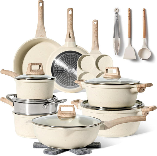 Just Perfecto Juego de Ollas y Sartenes Cocina Antiadherentes 21 Piezas, Batería de Cocina Antiadherentes Aluminio, para Todas las Cocinas, Incluso Inducción, Ollas Cocina con Tapas (21 Pcs Biege)