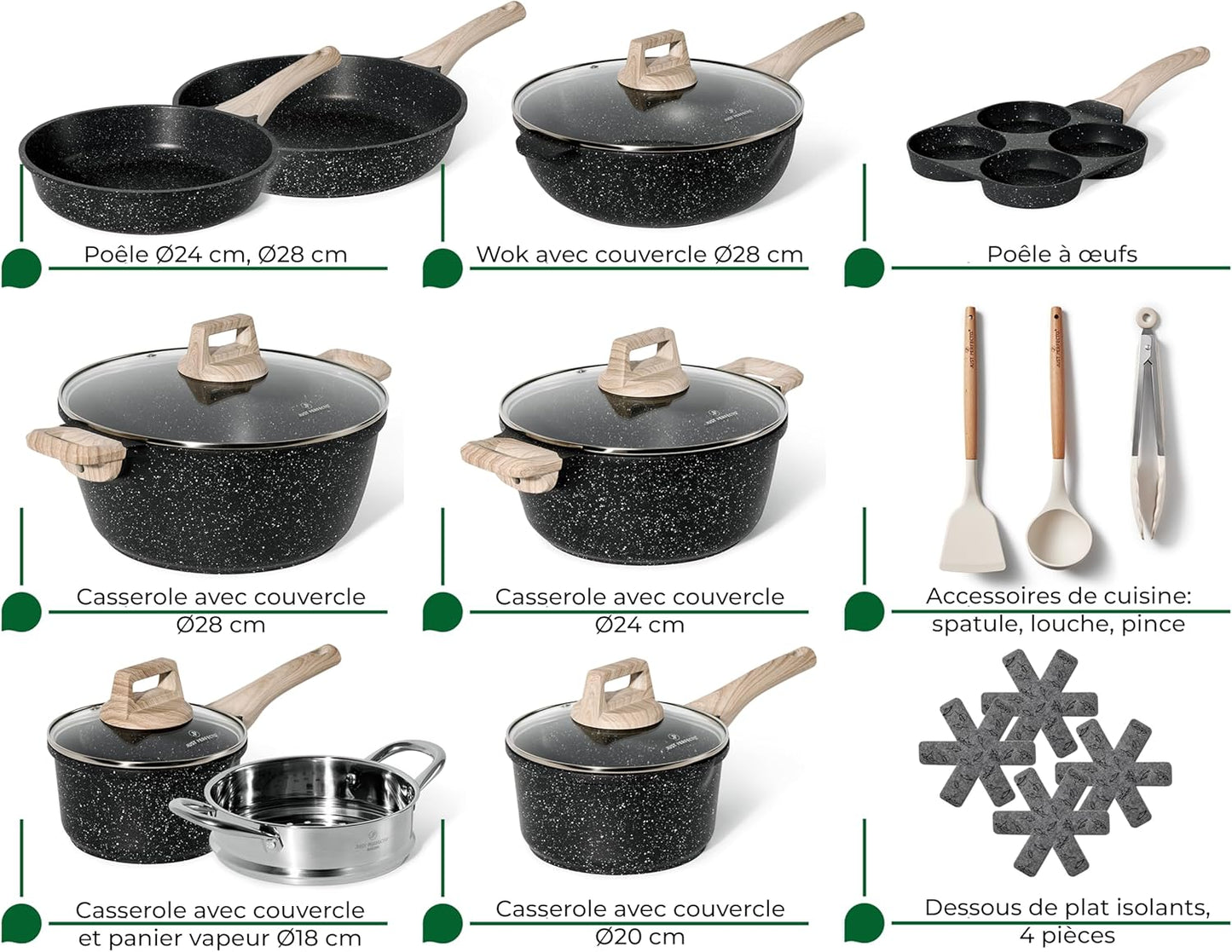 Just Perfecto Juego de Ollas y Sartenes Cocina Antiadherentes 21 Piezas, Batería de Cocina Antiadherentes Aluminio, para Todas las Cocinas, Incluso Inducción, Ollas Cocina con Tapas (21 Pcs Black)