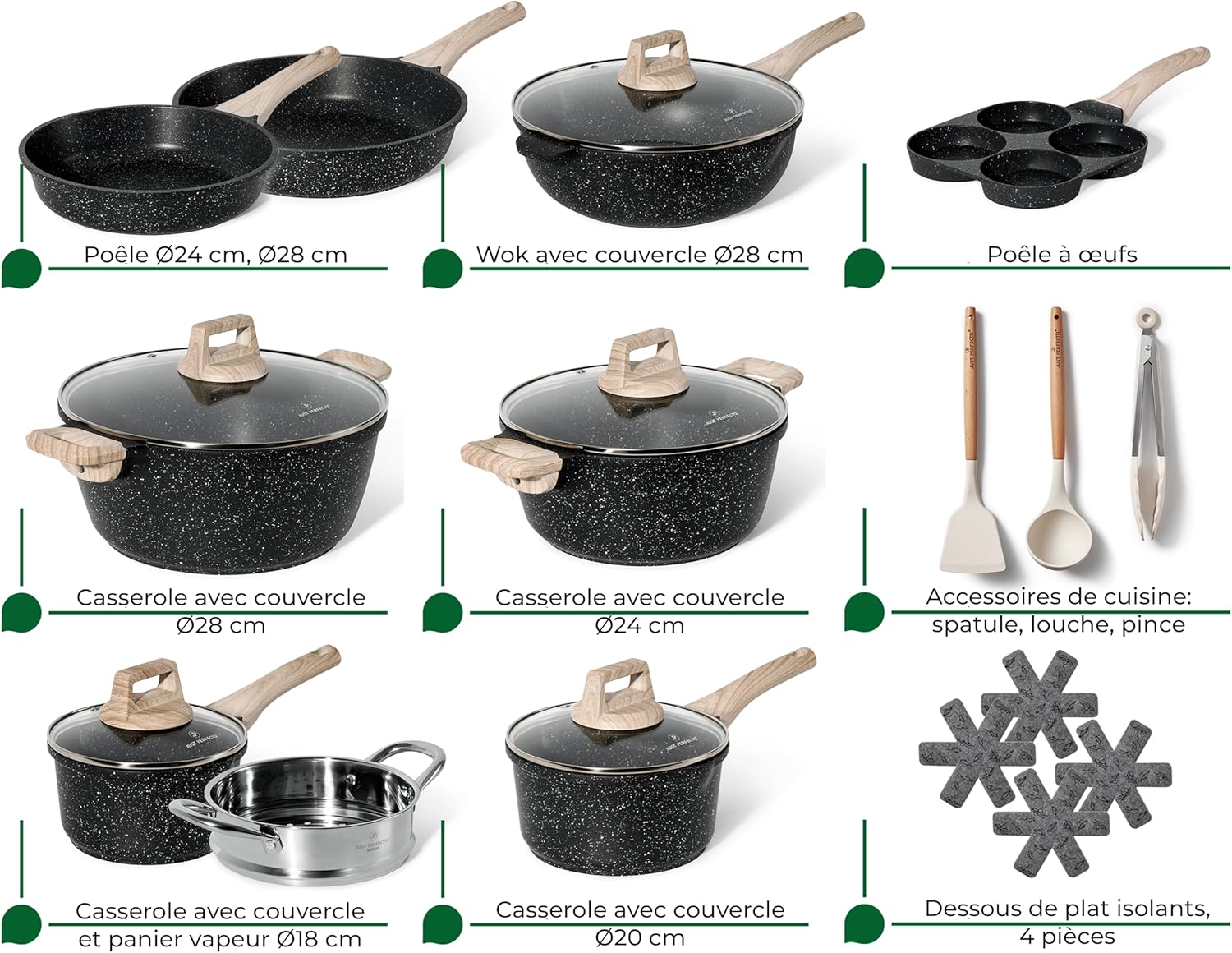 Just Perfecto Juego de Ollas y Sartenes Cocina Antiadherentes 21 Piezas, Batería de Cocina Antiadherentes Aluminio, para Todas las Cocinas, Incluso Inducción, Ollas Cocina con Tapas (21 Pcs Black)