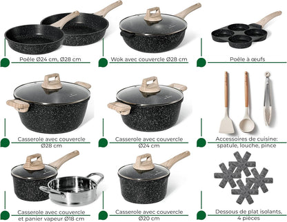 Just Perfecto Juego de Ollas y Sartenes Cocina Antiadherentes 21 Piezas, Batería de Cocina Antiadherentes Aluminio, para Todas las Cocinas, Incluso Inducción, Ollas Cocina con Tapas (21 Pcs Black)