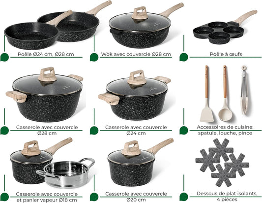 Just Perfecto Juego de Ollas y Sartenes Cocina Antiadherentes 21 Piezas, Batería de Cocina Antiadherentes Aluminio, para Todas las Cocinas, Incluso Inducción, Ollas Cocina con Tapas (21 Pcs Black)