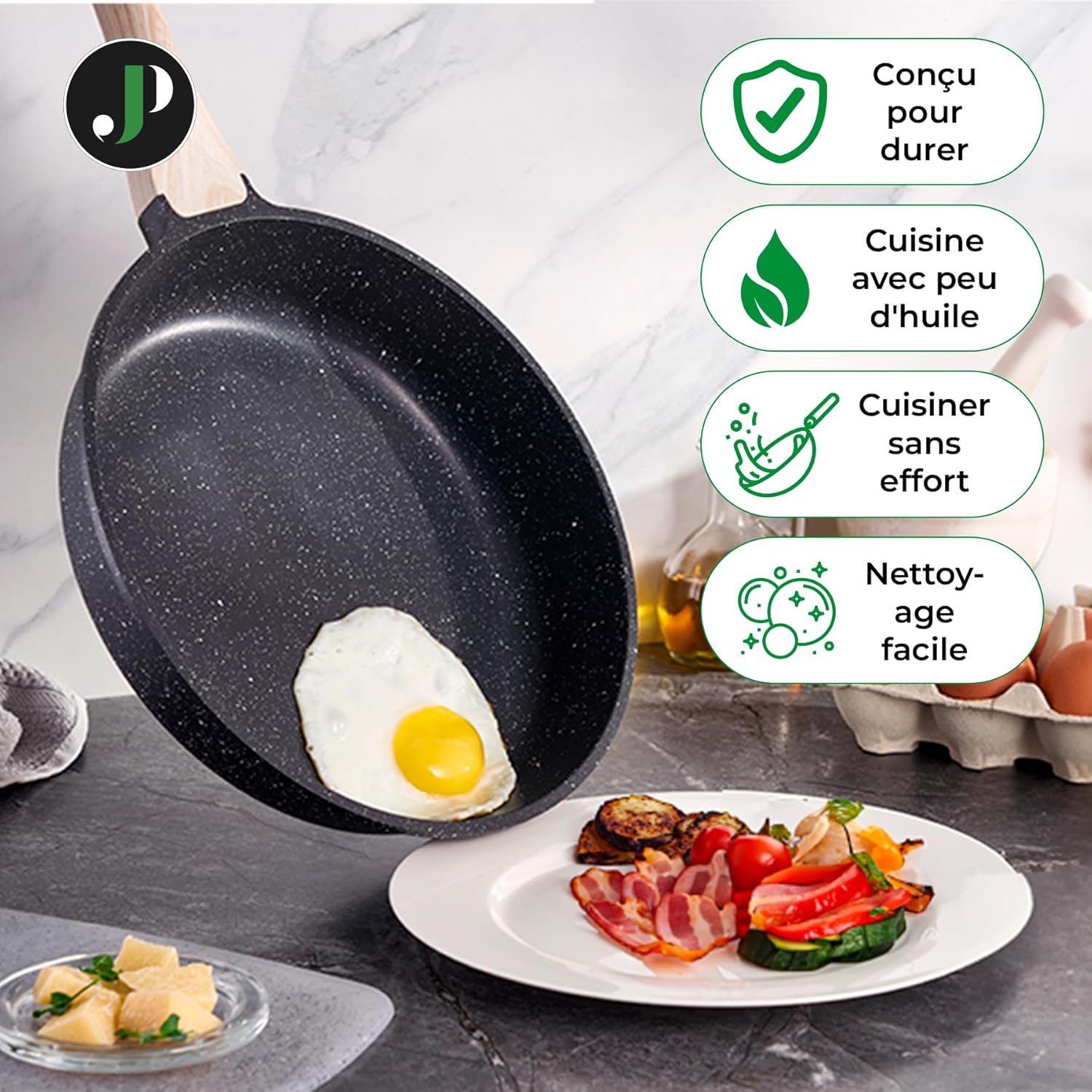 Just Perfecto Juego de Ollas y Sartenes Cocina Antiadherentes 21 Piezas, Batería de Cocina Antiadherentes Aluminio, para Todas las Cocinas, Incluso Inducción, Ollas Cocina con Tapas (21 Pcs Black)