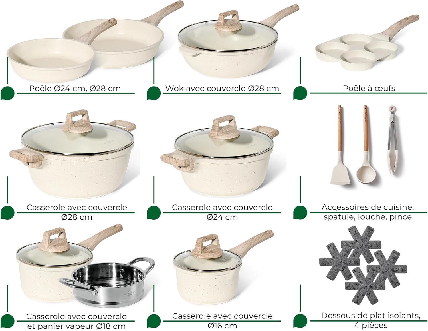 Just Perfecto Juego de Ollas y Sartenes Cocina Antiadherentes 21 Piezas, Batería de Cocina Antiadherentes Aluminio, para Todas las Cocinas, Incluso Inducción, Ollas Cocina con Tapas (21 Pcs Biege)
