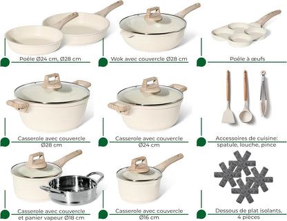 Just Perfecto Juego de Ollas y Sartenes Cocina Antiadherentes 21 Piezas, Batería de Cocina Antiadherentes Aluminio, para Todas las Cocinas, Incluso Inducción, Ollas Cocina con Tapas (21 Pcs Biege)