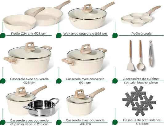 Just Perfecto Juego de Ollas y Sartenes Cocina Antiadherentes 21 Piezas, Batería de Cocina Antiadherentes Aluminio, para Todas las Cocinas, Incluso Inducción, Ollas Cocina con Tapas (21 Pcs Biege)