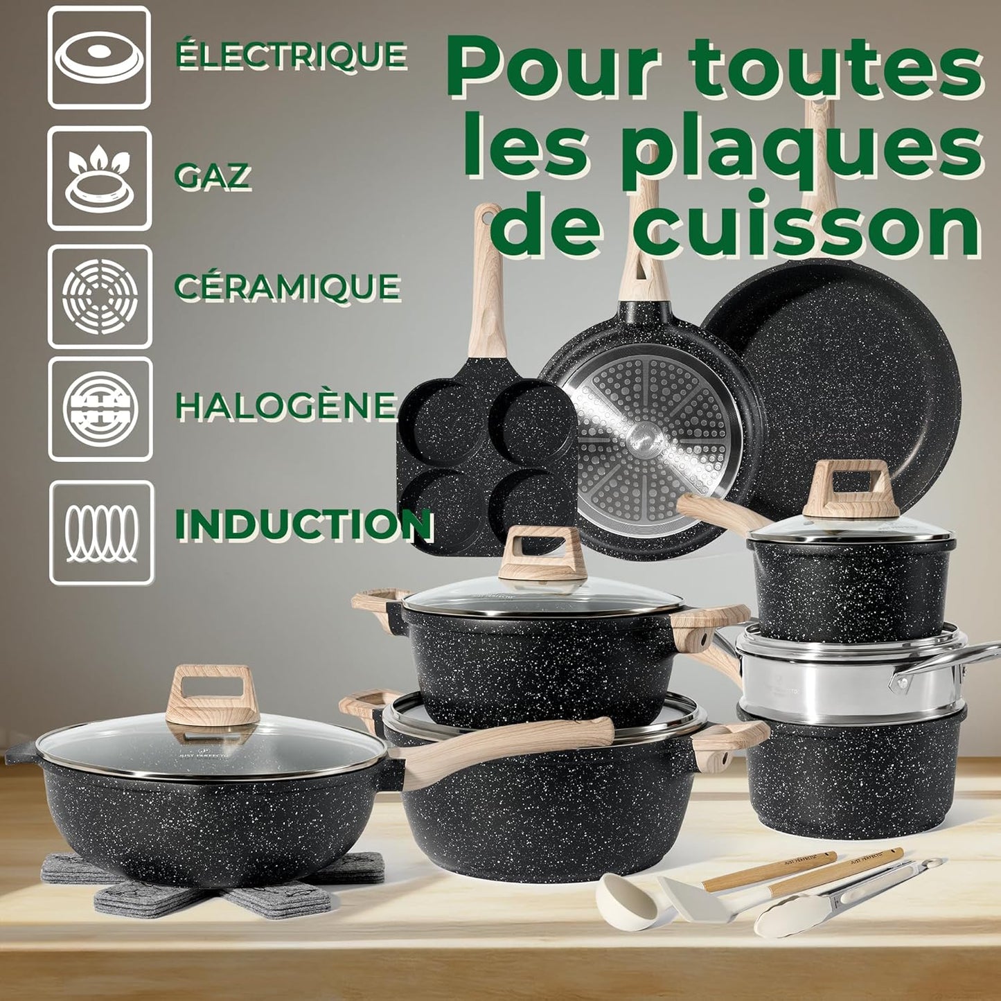 Just Perfecto Juego de Ollas y Sartenes Cocina Antiadherentes 21 Piezas, Batería de Cocina Antiadherentes Aluminio, para Todas las Cocinas, Incluso Inducción, Ollas Cocina con Tapas (21 Pcs Black)