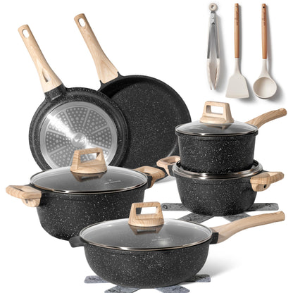 Just Perfecto Juego de Ollas y Sartenes Cocina Antiadherentes 21 Piezas, Batería de Cocina Antiadherentes Aluminio, para Todas las Cocinas, Incluso Inducción, Ollas Cocina con Tapas (21 Pcs Black)